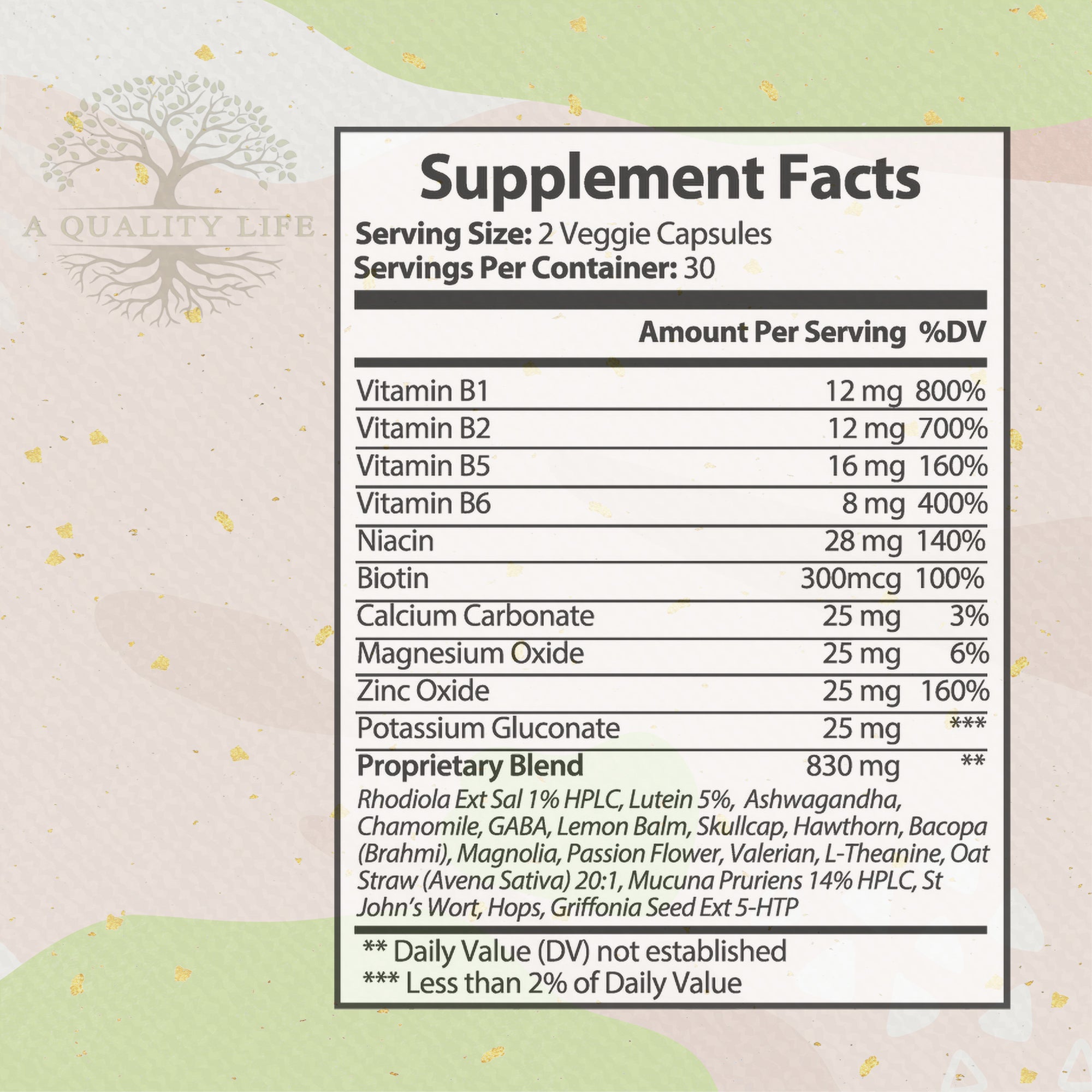 Supplement Facts for Anxity Formula
